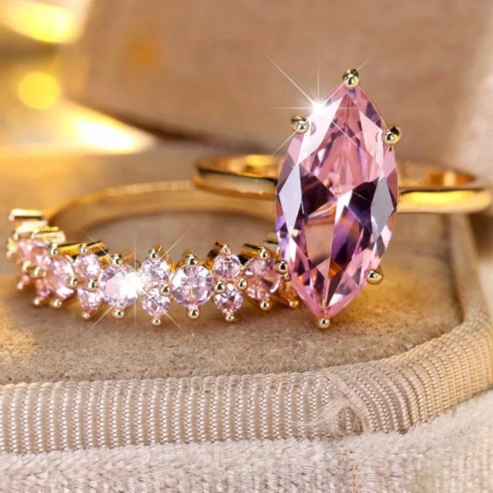 Beautiful Gold Crystal Pink Moissanite Gemstone Marquise Cut Ring - SIZE 8